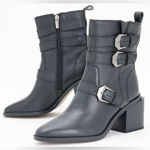 NWT Vince Camuto Black Leather Mid-Shaft SIlver Buckles Kampreea Boots Size 8